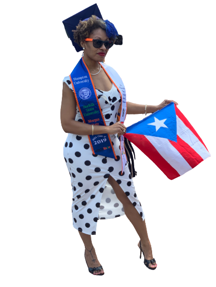 afro peurto rican woman holding peruto rican flag wearing graduation cap
